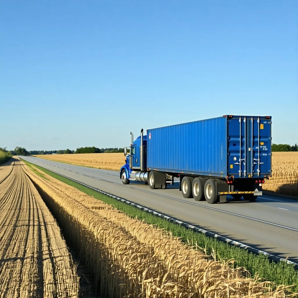 LKW mit blauem Seecontainer auf dem Weg zum Lieferort