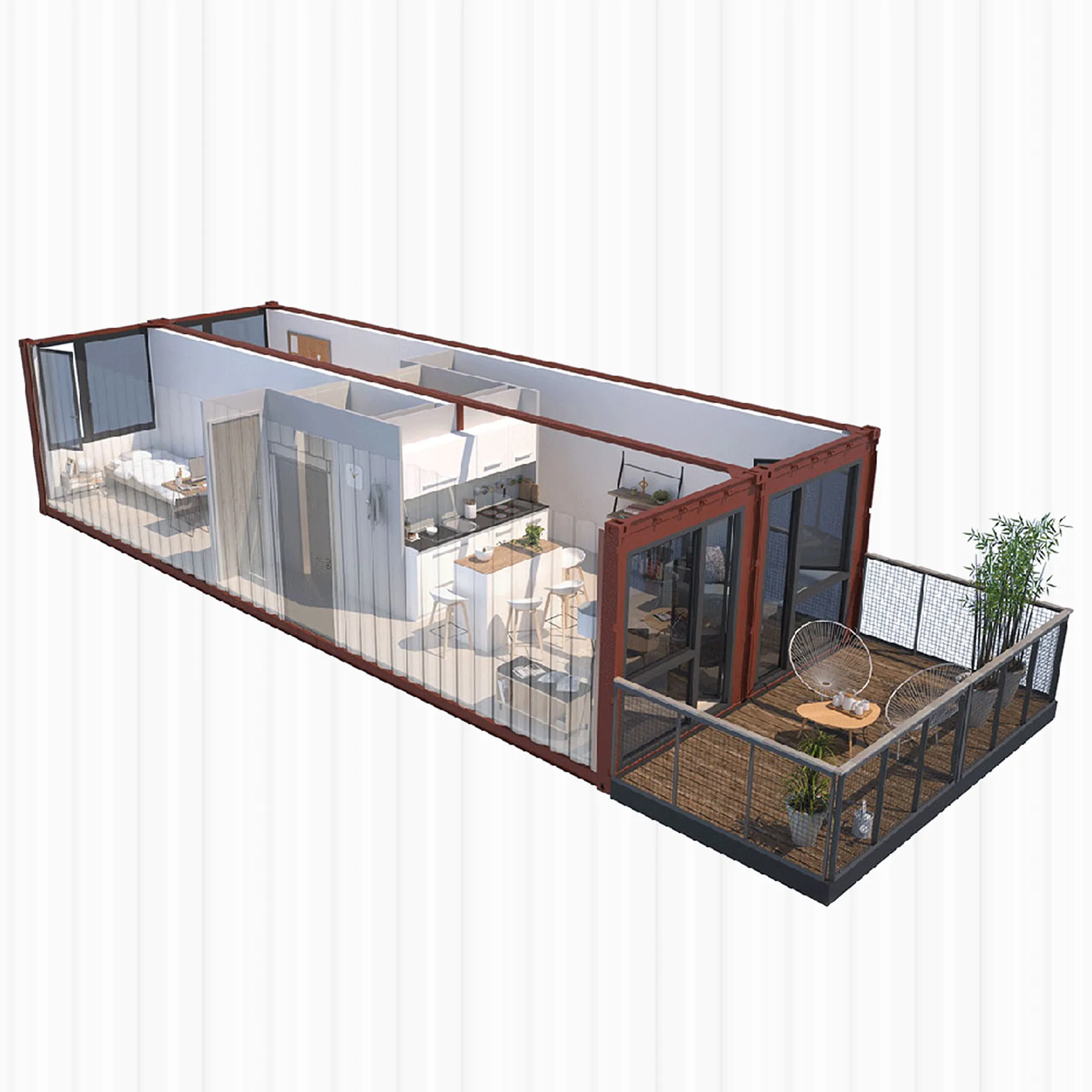 3D-Grundriss eines 40 Fuß Wohncontainers mit Küche, Bad und Terrasse